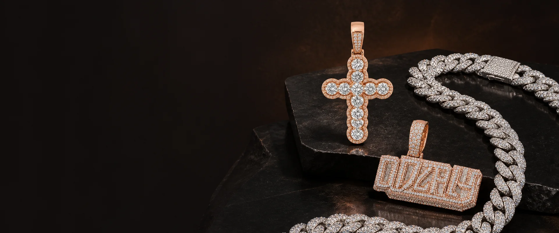 Diamond-set custom jewellery on black stone